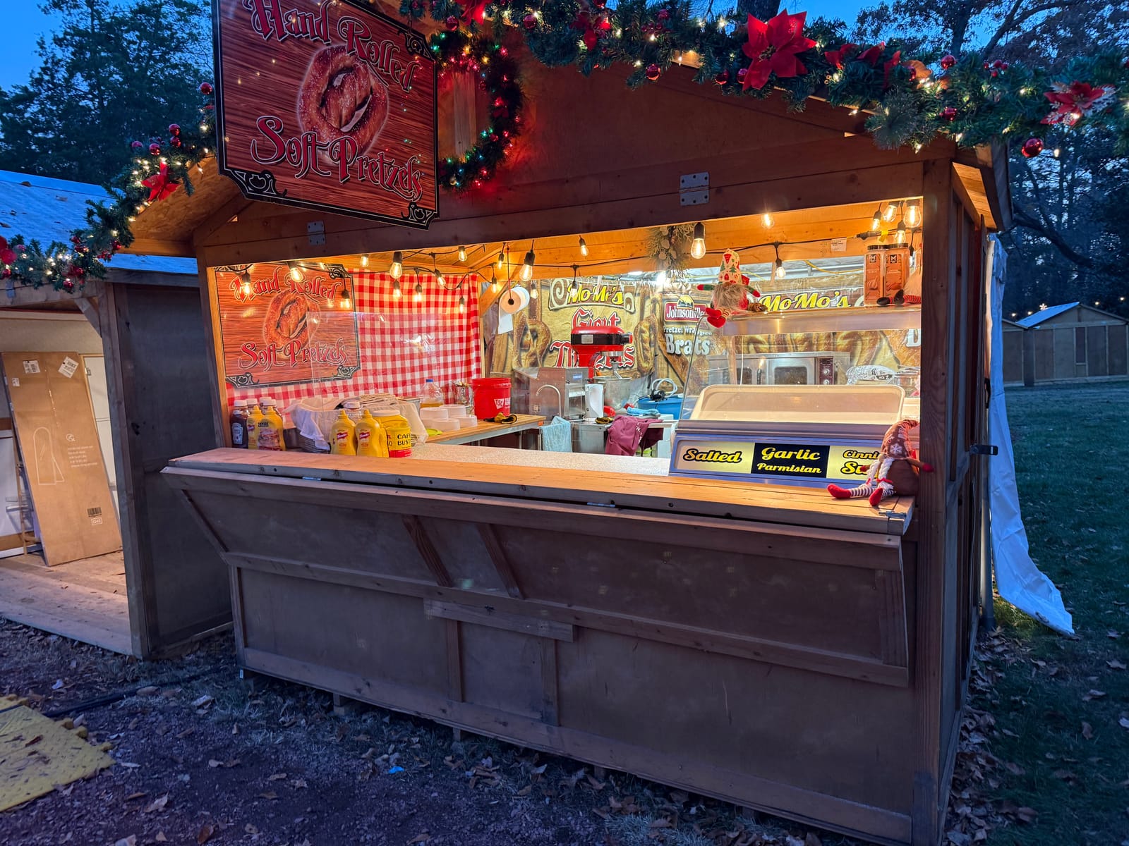 Pretzels displayed at the farmers market booth