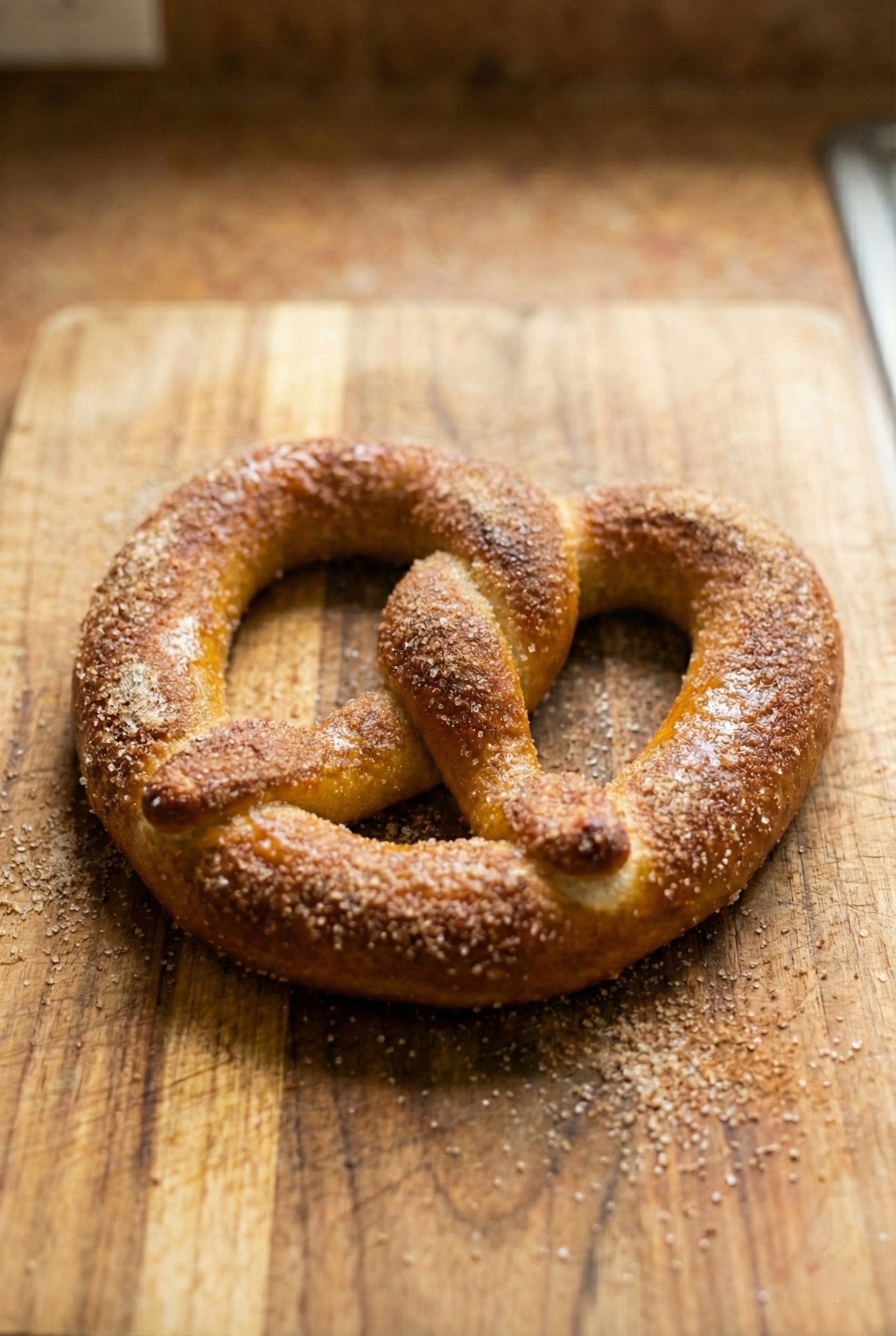 Sweet cinnamon sugar pretzel with a sugary coating and butter glaze
