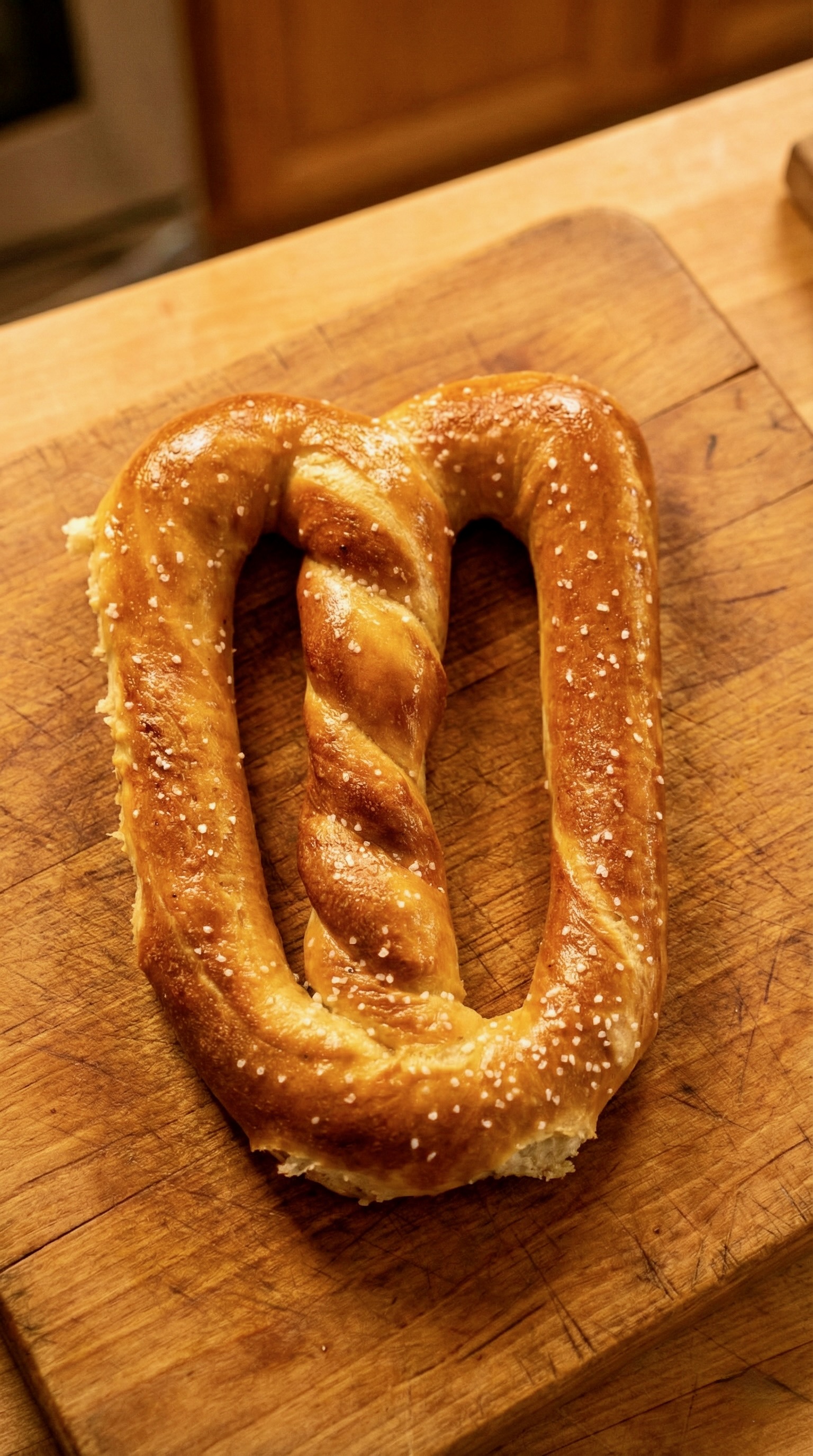 Classic salted pretzel with coarse sea salt on a golden brown twisted surface