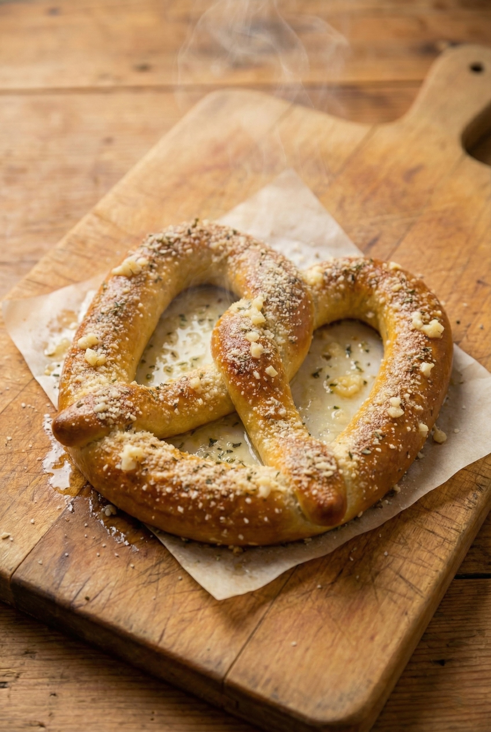 Garlic parmesan pretzel topped with roasted garlic and melted parmesan cheese